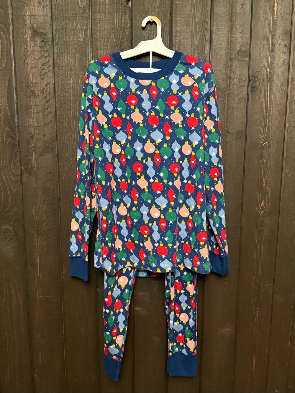 Hanna Andersson Adult Sz LG Christmas Ornaments Pajama Set Organic Cotton EUC